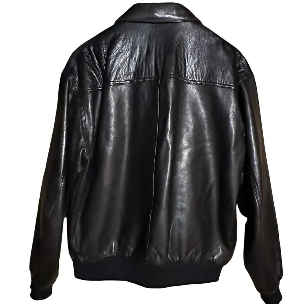 Facconable Black Leather Lambskin Bomber Biker Jacket Men's Large